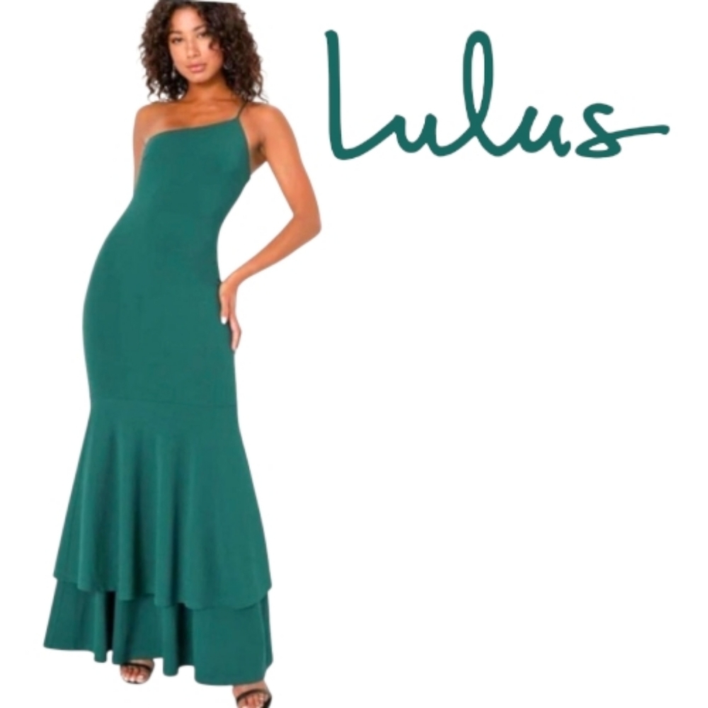LULUS 'Vivid lcon' Emerald Green One-Shoulder Mermaid Design Knit Maxi Dress XS